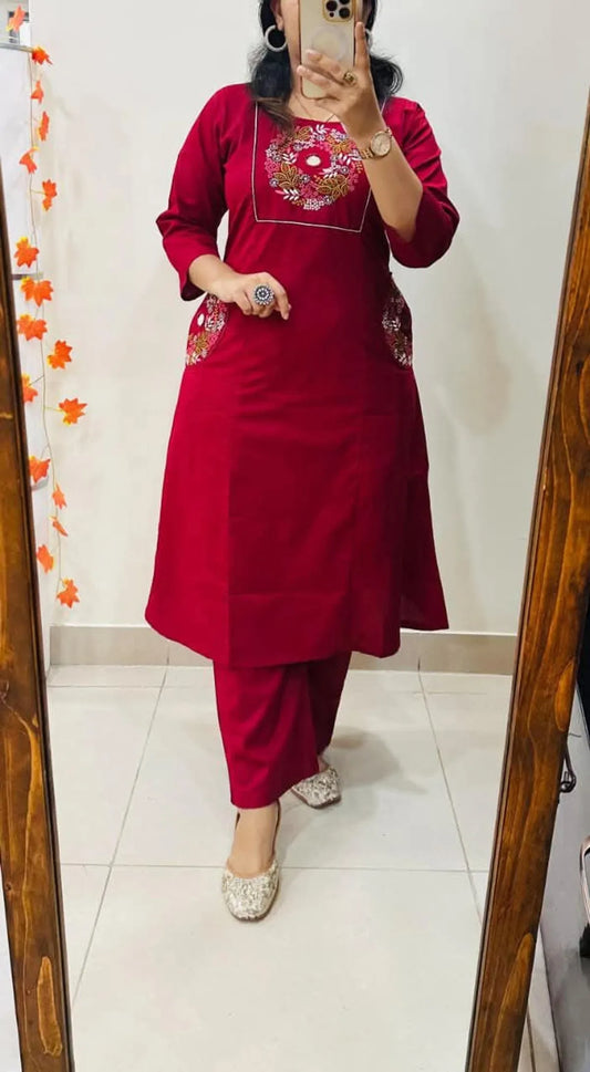 Deep Maroon Floral Embroidered Straight Kurta Set with Pants