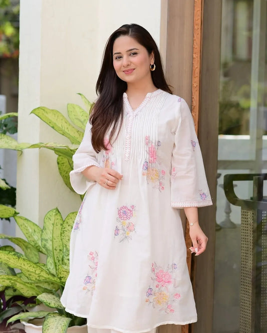 Elegant White Mulmul Cotton A-Line Kurta with Pastel Floral Embroidery