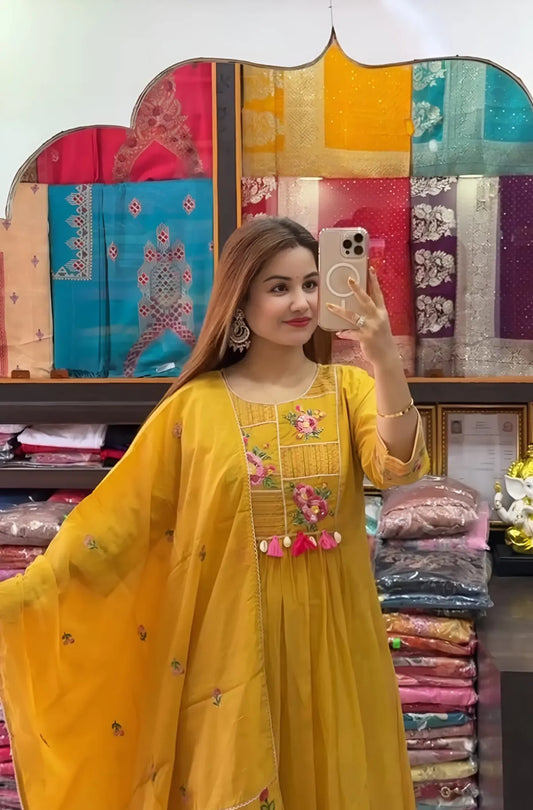 Sunshine Yellow Floral Embroidered Anarkali Kurta Set with Dupatta