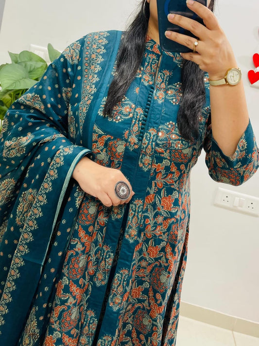 Teal Bloom Printed Front-Open Kurta Set
