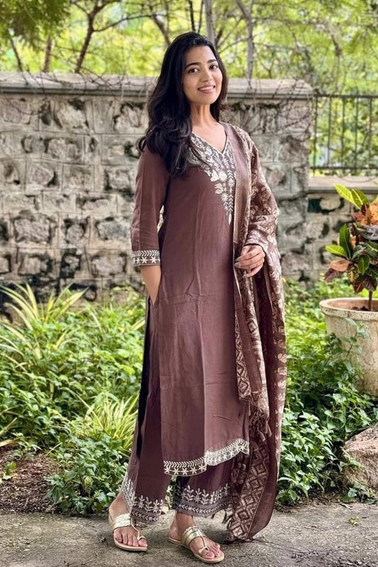 Brown Embroidered Kurta Pant Set with Printed Dupatta