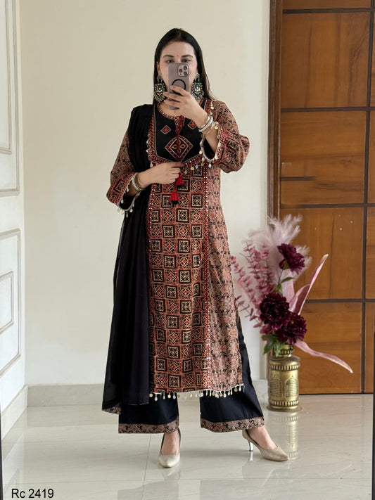 Midnight Black Handblock Printed Kurta Set with Embroidered Yoke & Dupatta
