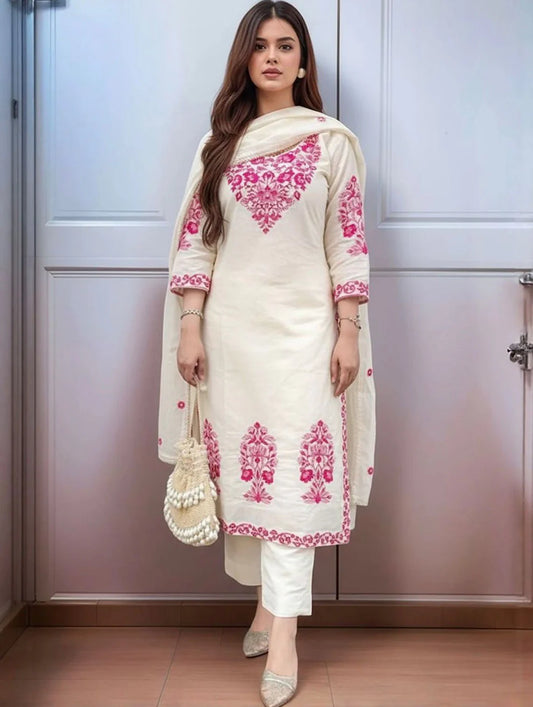 Elegant White & Pink Floral Embroidered Cotton Kurta Set with Dupatta