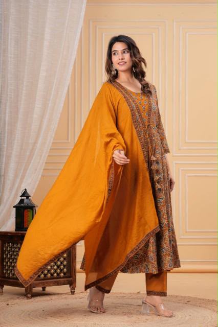 Premium Mustard Gold Kurti Pant Dupatta Set