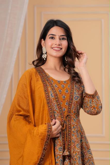 Premium Mustard Gold Kurti Pant Dupatta Set