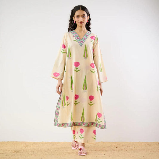 Cream Floral Printed Cotton Kurta Set for Women