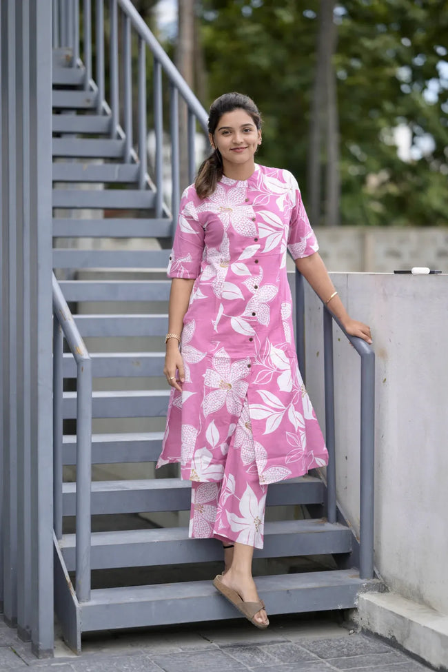 Graceful Floral Print Pink Kurta with Straight Pants Hover Image