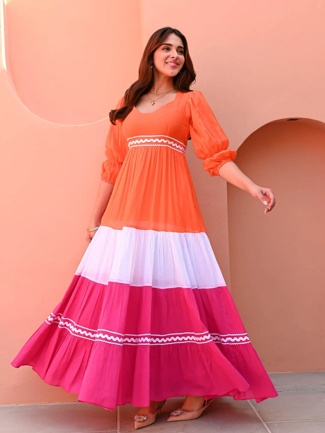 Sunset Coral Tiered Anarkali Dress with Pink & Ivory Panels Hover Image
