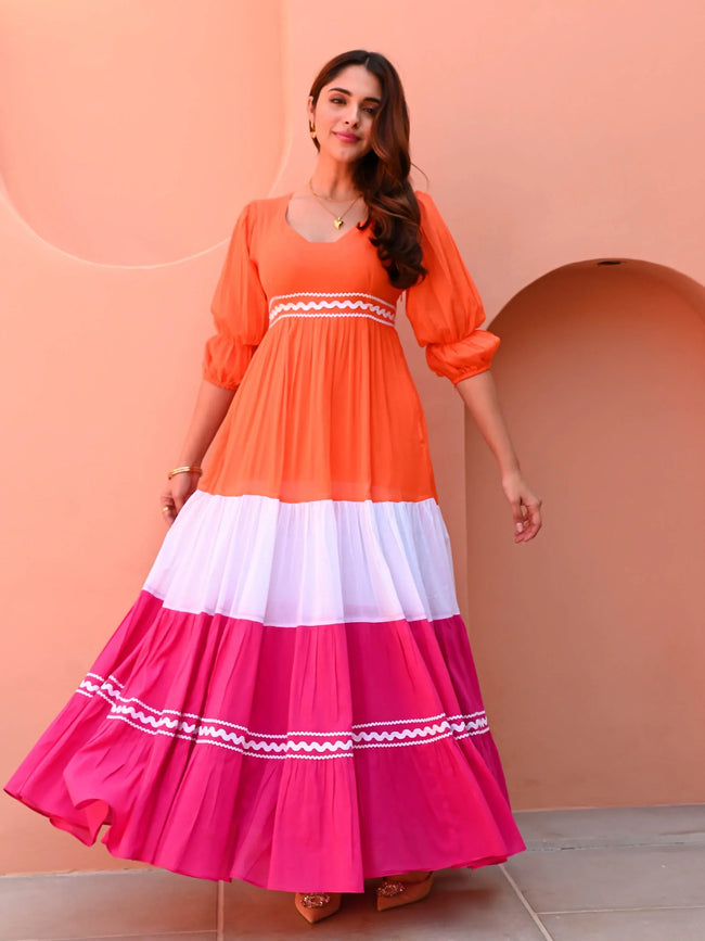 Sunset Coral Tiered Anarkali Dress with Pink & Ivory Panels Main Image