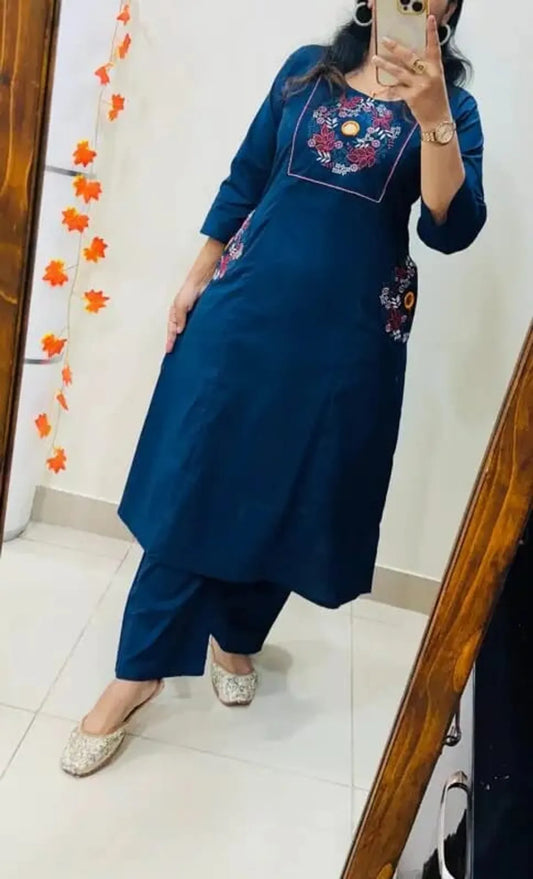 Classic Navy Blue Floral Embroidered Straight Kurta Set with Pants