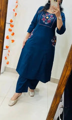 Classic Navy Blue Floral Embroidered Straight Kurta Set with Pants
