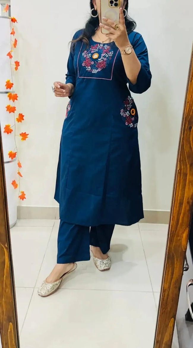Classic Navy Blue Floral Embroidered Straight Kurta Set with Pants Hover Image