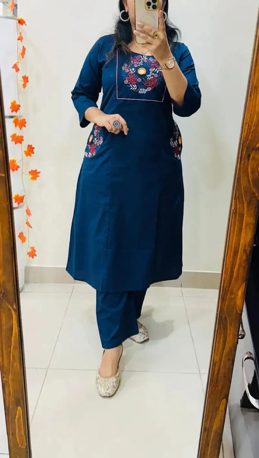 Classic Navy Blue Floral Embroidered Straight Kurta Set with Pants