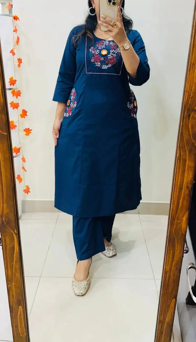 Classic Navy Blue Floral Embroidered Straight Kurta Set with Pants Main Image