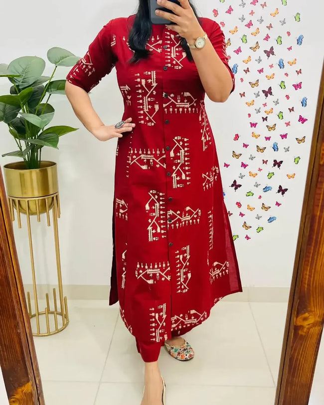 Crimson Red Tribal Print Button-Down Kurta Set Hover Image