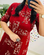 Crimson Red Tribal Print Button-Down Kurta Set