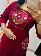 Deep Maroon Floral Embroidered Straight Kurta Set with Pants