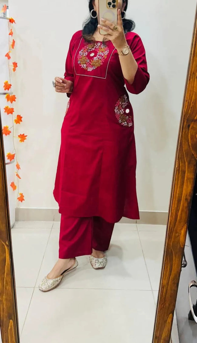 Deep Maroon Floral Embroidered Straight Kurta Set with Pants Main Image