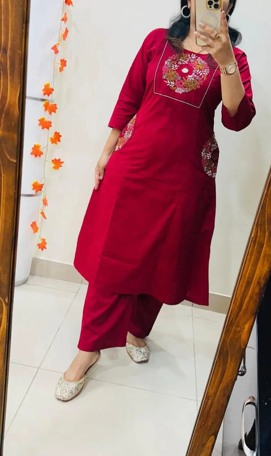 Deep Maroon Floral Embroidered Straight Kurta Set with Pants