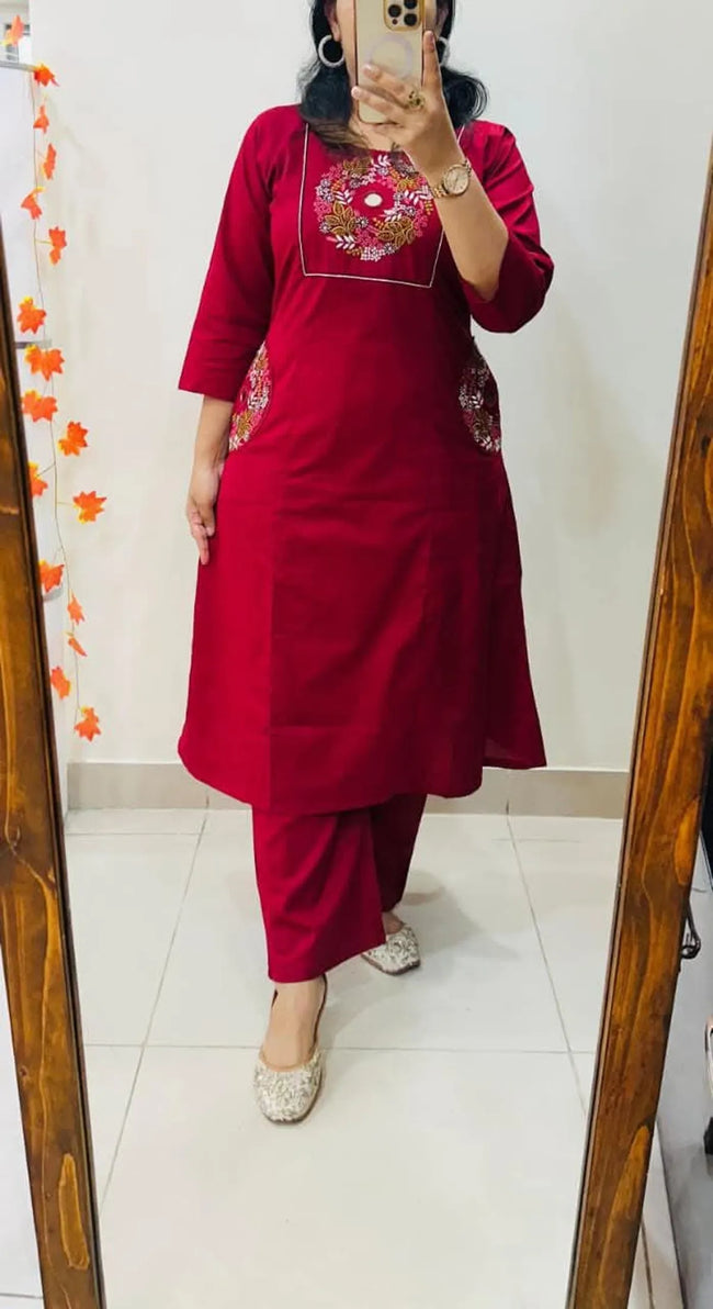 Deep Maroon Floral Embroidered Straight Kurta Set with Pants Hover Image