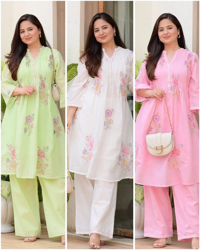 Elegant White Mulmul Cotton A-Line Kurta with Pastel Floral Embroidery Main Image