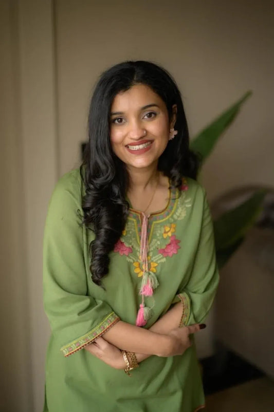 Olive Green Floral Embroidered Kurta Co-Ord Set with Tassel Detailing