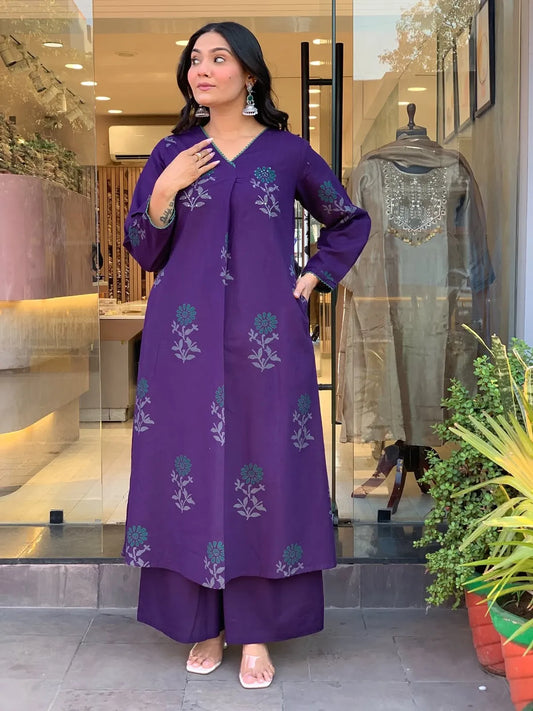 Royal Purple Floral Printed Kurta Palazzo Set