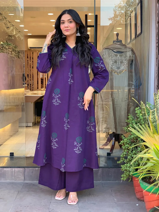 Royal Purple Floral Printed Kurta Palazzo Set