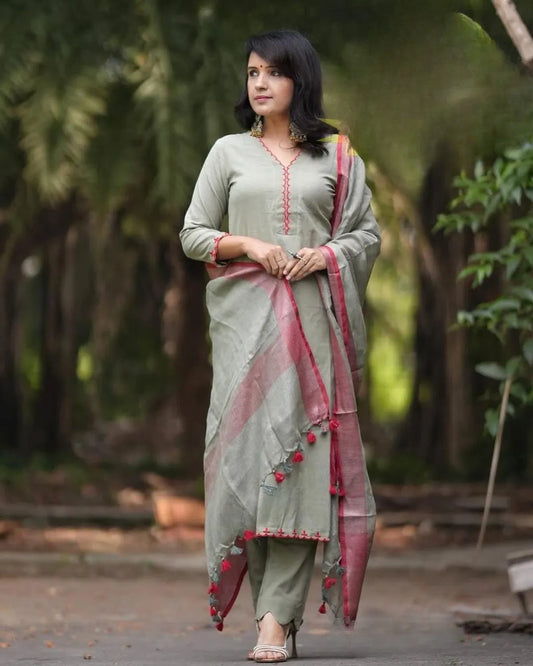 Sage Green Cotton Kurta Set with Contrast Pink Dupatta