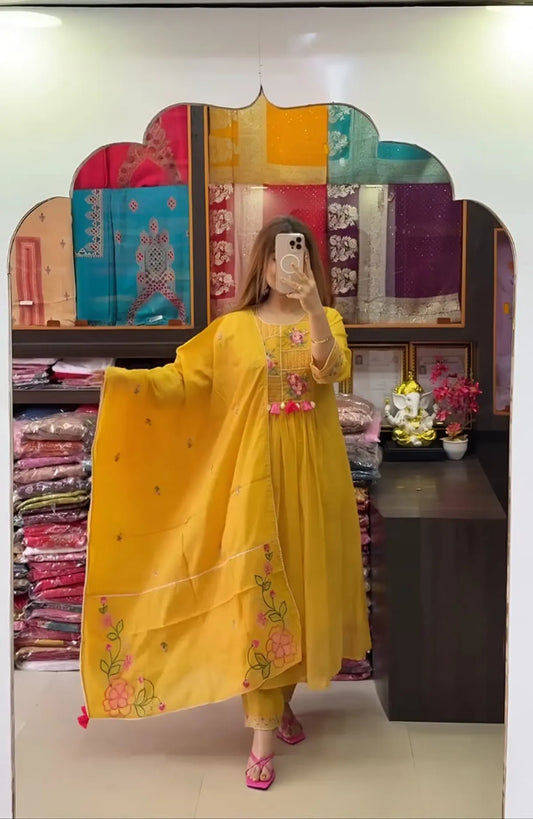 Sunshine Yellow Floral Embroidered Anarkali Kurta Set with Dupatta