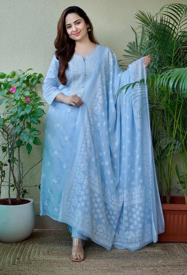 Blue Embroidered Straight Kurta Set with Pants & Dupatta Hover Image