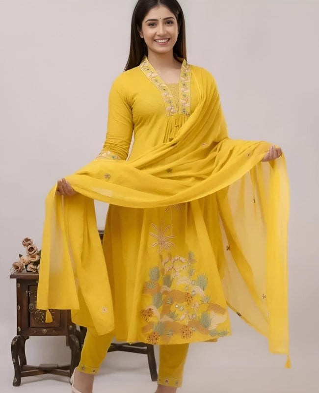 Women Yellow Nri Embroidery Cotton Kurta Pant And Dupatta Set Hover Image