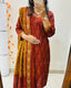 Premium Ajrak Cotton Suit Set – Maroon & Mustard Ikat Print | Kurti, Pant & Dupatta