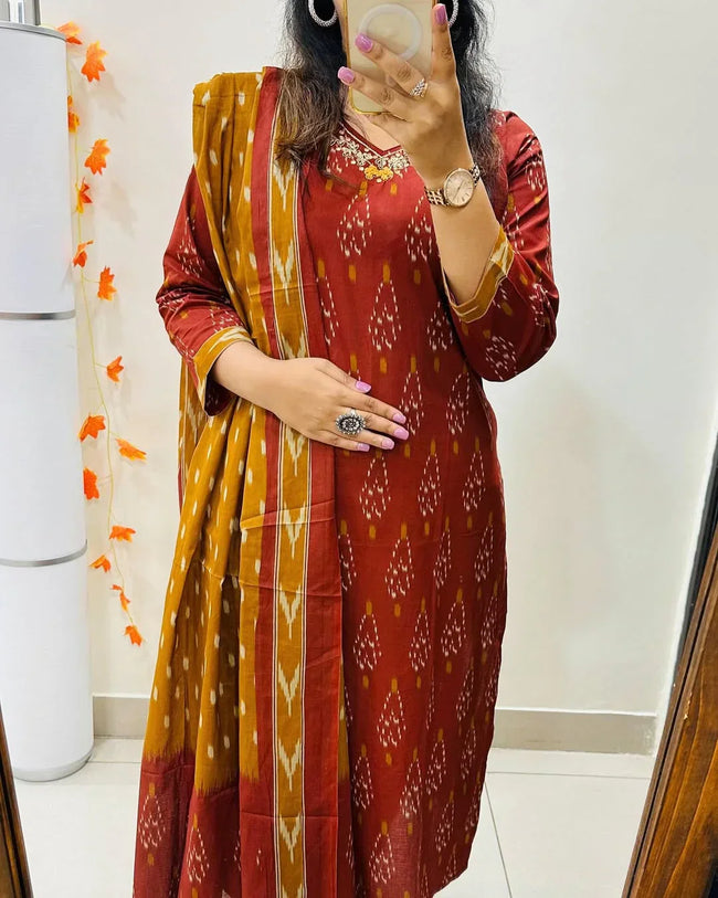 Premium Ajrak Cotton Suit Set – Maroon & Mustard Ikat Print | Kurti, Pant & Dupatta Hover Image
