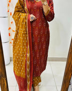 Premium Ajrak Cotton Suit Set – Maroon & Mustard Ikat Print | Kurti, Pant & Dupatta