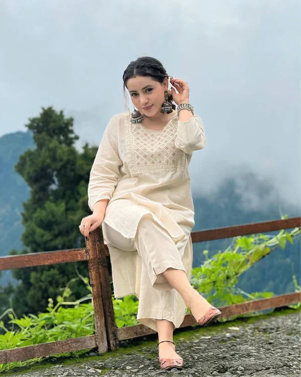 Off White Embroidered Cotton Kurta And Pant Set Hover Image