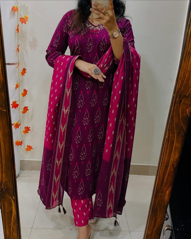 Magenta Ikat Print Suit Set With Dupatta Main Image