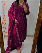 Magenta Ikat Print Suit Set With Dupatta