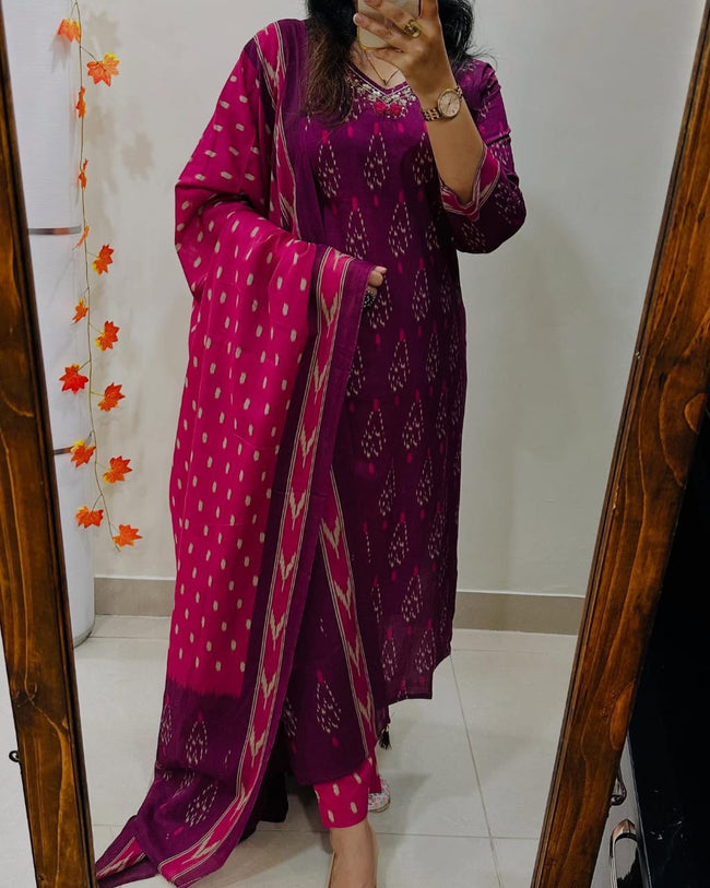 Magenta Ikat Print Suit Set With Dupatta Hover Image