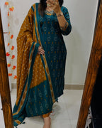 Premium Ajrak Cotton Suit Set – Teal & Mustard Ikat Print | Kurti, Pant & Dupatta