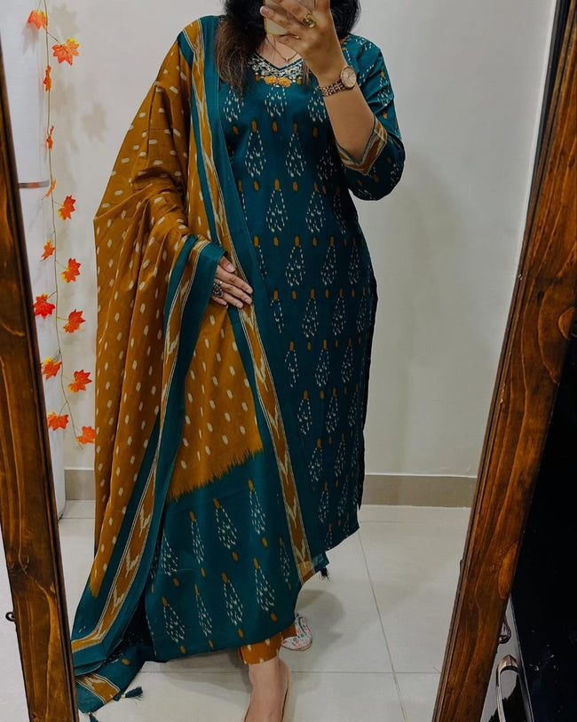 Premium Ajrak Cotton Suit Set – Teal & Mustard Ikat Print | Kurti, Pant & Dupatta Hover Image