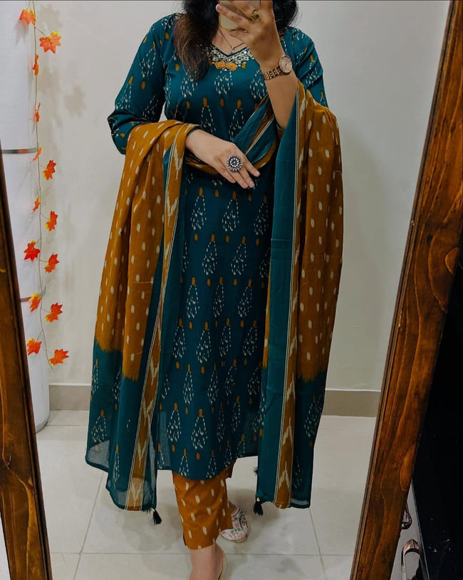 Premium Ajrak Cotton Suit Set – Teal & Mustard Ikat Print | Kurti, Pant & Dupatta Main Image