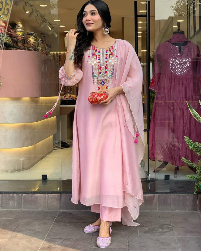 Blush Pink Kurta Set with Colorful Embroidered Yoke and Dupatta Hover Image