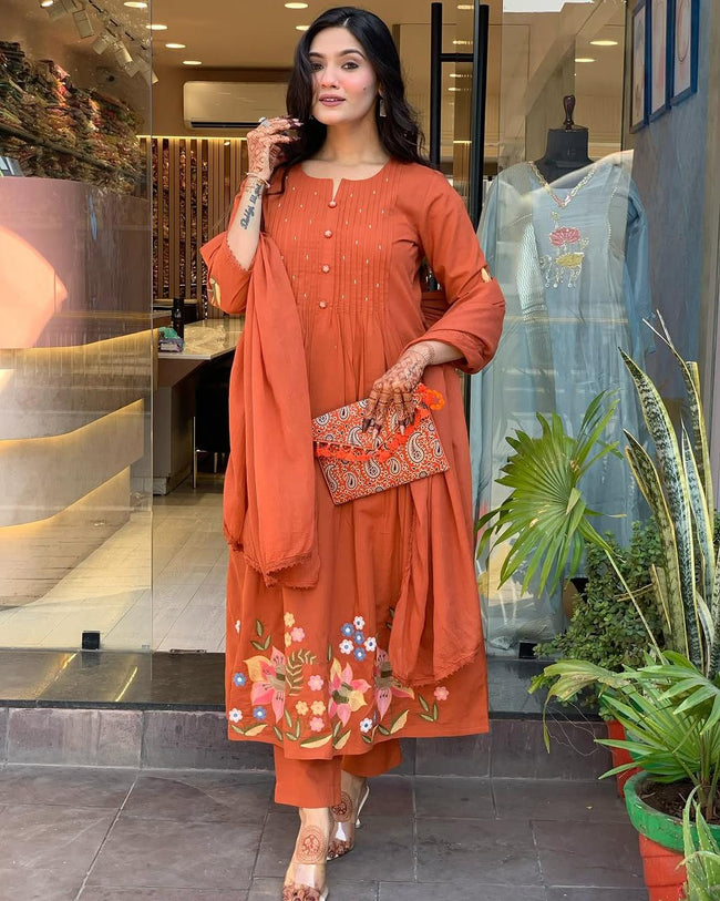 Rust Orange Embroidered Cotton Kurta Set Main Image