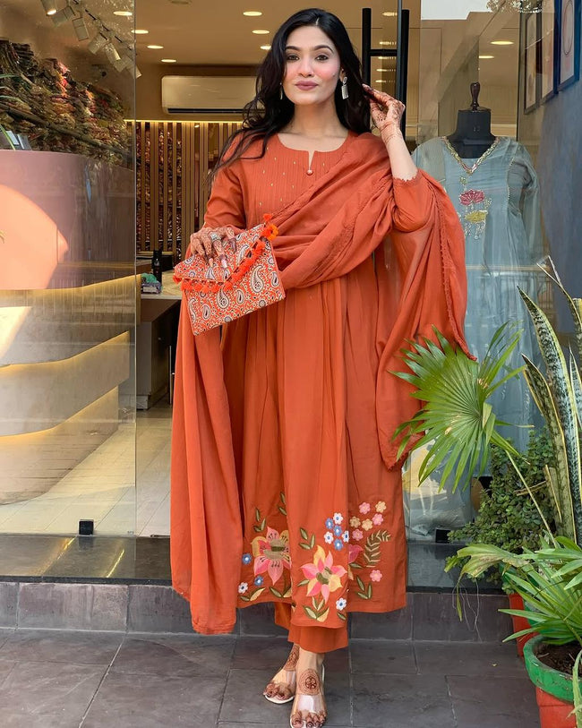 Rust Orange Embroidered Cotton Kurta Set Hover Image