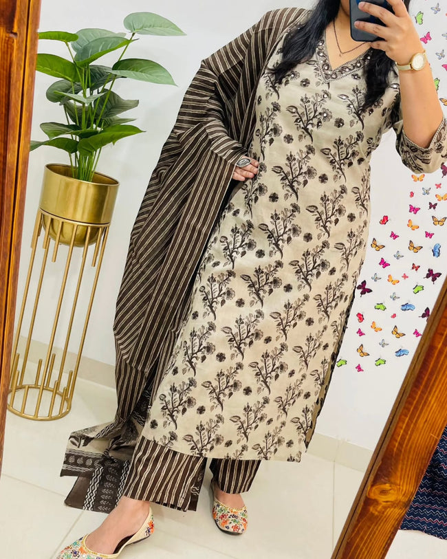 Premium Bagru Cotton Suit Set – Beige & Brown Handblock Floral Print | Kurti, Pant & Striped Dupatta Main Image