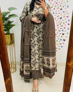 Premium Bagru Cotton Suit Set – Beige & Brown Handblock Floral Print | Kurti, Pant & Striped Dupatta