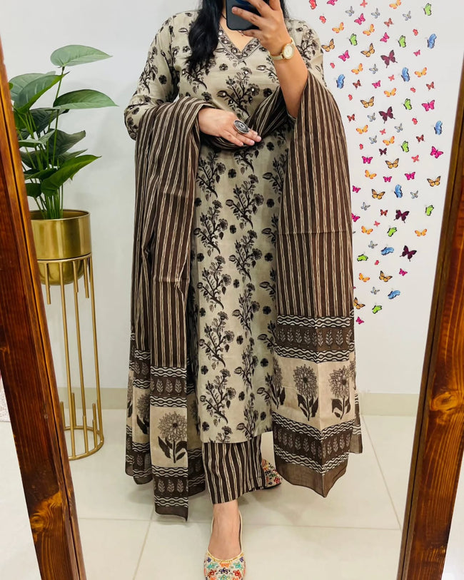 Premium Bagru Cotton Suit Set – Beige & Brown Handblock Floral Print | Kurti, Pant & Striped Dupatta Hover Image