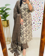 Premium Bagru Cotton Suit Set – Beige & Brown Handblock Floral Print | Kurti, Pant & Striped Dupatta