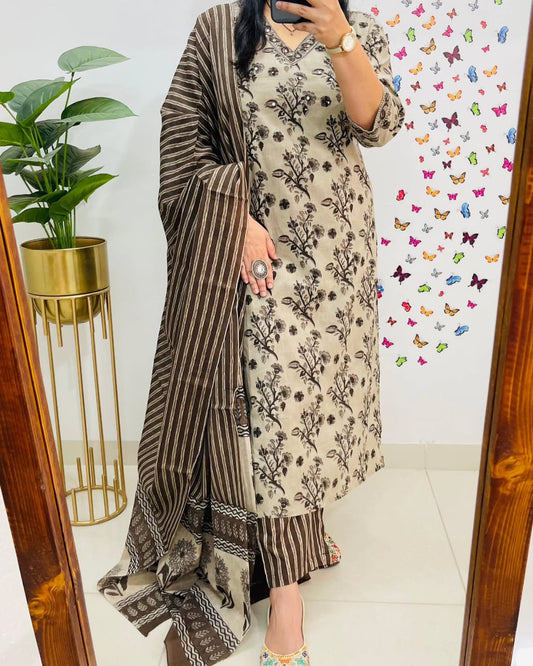 Premium Bagru Cotton Suit Set – Beige & Brown Handblock Floral Print | Kurti, Pant & Striped Dupatta